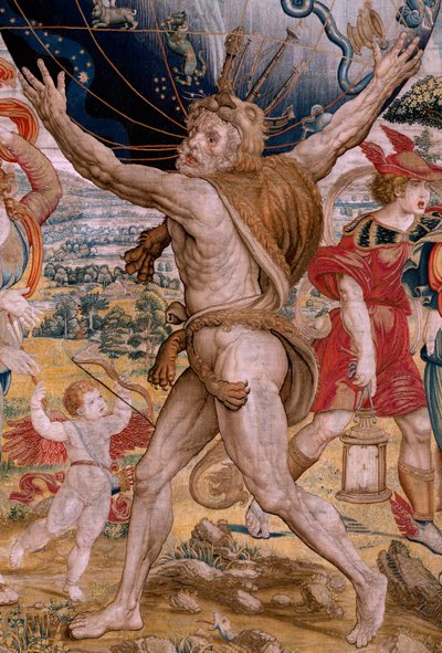 Tapiz flamenco. Serie Las Esferas. Hércules sosteniendo la esfera celeste (Hércules sostiene la esfera celeste). Primer tapiz de la serie. Modelo Barend van Orley o Pieter Coecke van Aelst. 1525-1530. Fabricación Joris Vezeleer (Georg Wezeler)?, de Bernart van (attr. to) Orley