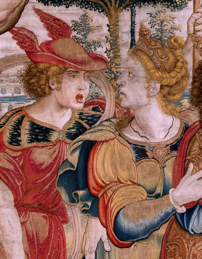 Tapiz flamenco. Serie Las Esferas. Hércules sosteniendo la esfera celeste (Hércules sostiene la esfera celeste). Primer tapiz de la serie. Modelo Barend van Orley o Pieter Coecke van Aelst. 1525-1530. Fabricación Joris Vezeleer (Georg Wezeler)?, de Bernart van (attr. to) Orley