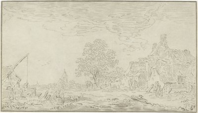 Vista de un pueblo con un pozo a la izquierda de Bernhard Schreuder