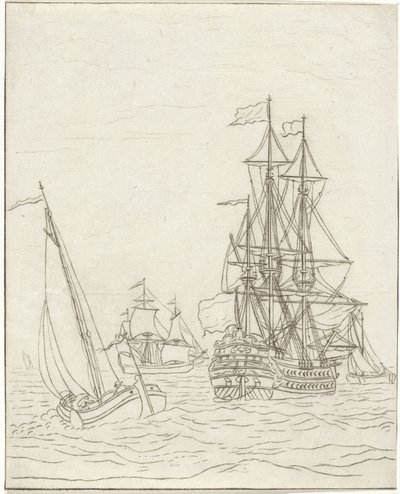 Un buque de guerra y tres veleros en alta mar de Bernhard Schreuder
