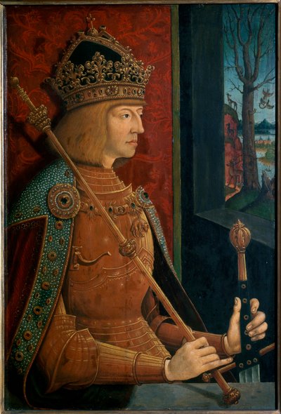 Emperador Maximiliano I, con corona, cetro y espada de Bernhard Strigel