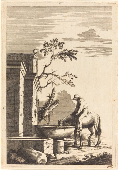 Caballo y jinete en una fuente de Bernhard Zaech after Jonas Umbach