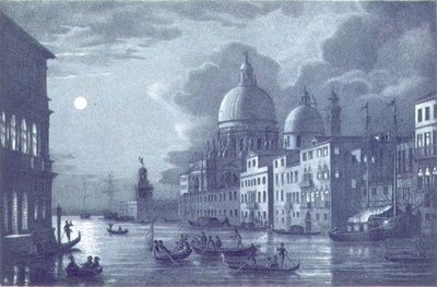 Escena nocturna del Gran Canal y Santa Maria della Salute, Venecia, grabado por Brizeghel de Berselli (after)