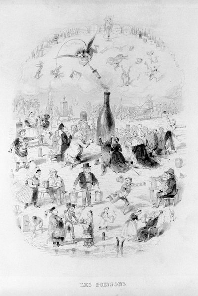 Bebidas: una multitud en adoración frente a una botella de vino y los diferentes tipos de bebidas en Brillat - Savarin ilustrado por Bertall. París 1840. Jean Anthelme Brillat Savarin (1755-1826) gastrónomo francés de Bertall