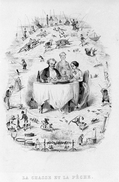 Caza y pesca: una pareja en el restaurante frente a un plato de pescado y carne, alrededor se representan las diferentes formas de caza y pesca. La fisiología del Gout de Brillat - Savarin ilustrada por Bertall. París 1840. Jean Anthelme Brillat de Bertall