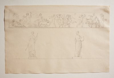 Procesión bacanal con Baco y Ariadna. Dos estatuas de musas de Bertel Thorvaldsen