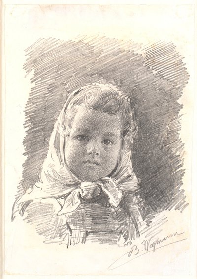Retrato de una niña pequeña con pañuelo en la cabeza de Bertha Wegmann