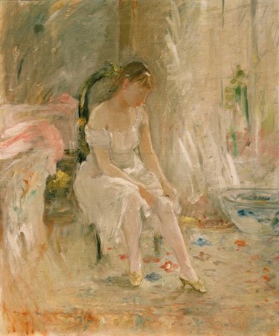 Mujer vistiéndose o joven poniéndose la media de Berthe Morisot