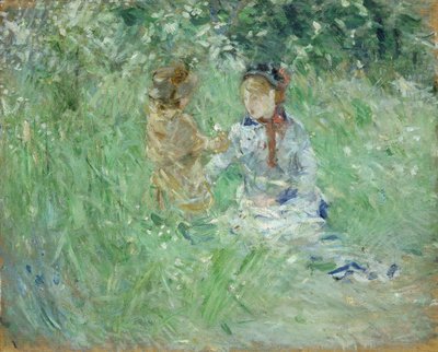 Mujer y niño en un prado en Bougival de Berthe Morisot