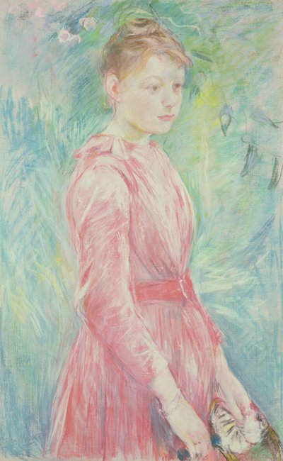 Joven con vestido rosa (pastel sobre papel) de Berthe Morisot