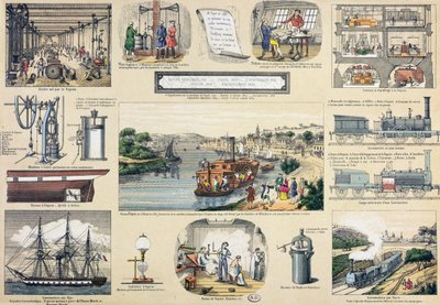 Historia del vapor, ilustración para un libro de texto educativo, mediados del siglo XIX de Bertmont
