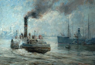 Un día brumoso en el río Rochester de Bertram Priestman