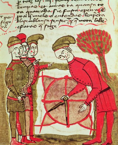 Ms 327 fol.216v Agrimensores trabajando con un plano y compases, de Traite dArpentage por Arnaud de Villeneuve (1240-1312) de Bertrand Boysset