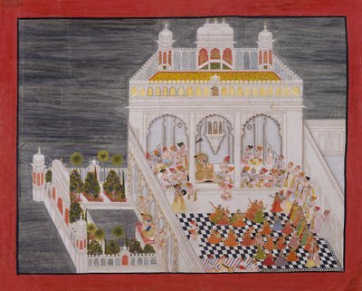Maharana Ari Singh con sus cortesanos siendo entretenidos en el Palacio de Agua Jagniwas, fechado 1767 de Bhima