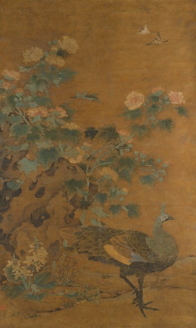 Pavo real y malvarrosas, mediados del siglo XIV de Bian Lu