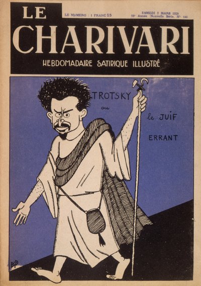 Caricatura de León Trotsky (1879-1940) como el judío errante, portada de la revista "Le Charivari", marzo de 1929 (litografía en color) de Bib
