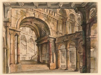 Diseño escénico, patios y escaleras del palacio de Bibiena Family, 1657