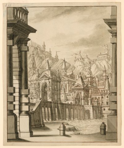 Diseño escénico, ciudad en colina con edificios con torres de Bibiena Family, 1657