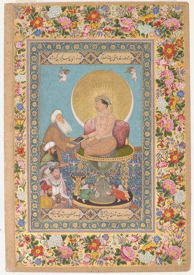 Jahangir prefiere a un jeque sufí antes que a los reyes, del Álbum de San Petersburgo (acuarela opaca, tinta y oro sobre papel) de Bichitr Bichitr