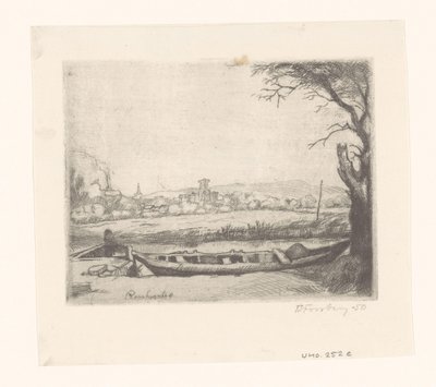 Canal con un gran barco y un puente ("El schuytje en primer plano") de Birger John Forsberg