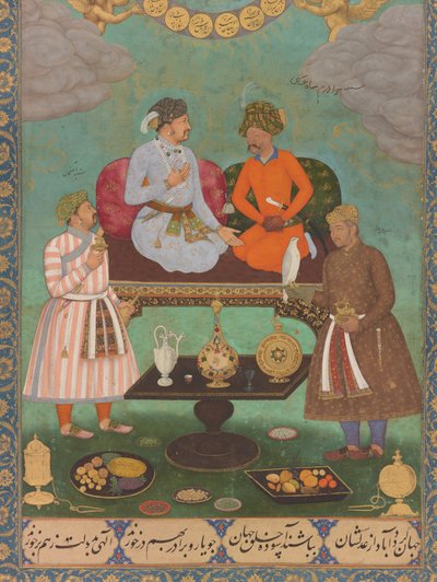 Jahangir entretiene al sha Abbas del Álbum de San Petersburgo (detalle), c.1620 (acuarela, oro, tinta sobre papel) de Bishandas