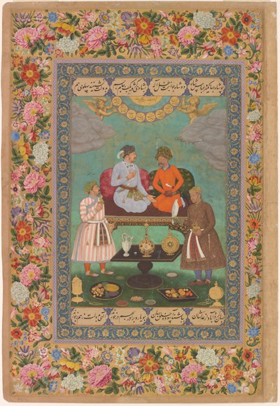 Jahangir entretiene al sha Abbas del Álbum de San Petersburgo, c.1620 (acuarela, oro, tinta sobre papel) de Bishandas