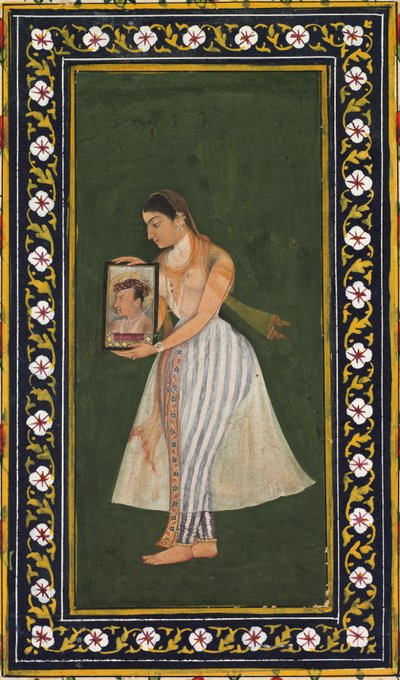 Nur Jahan, sosteniendo un retrato del Emperador Jahangir, c. 1627 de Bishandas