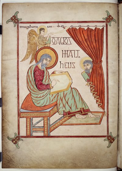 Cotton Nero D. IV, f.25v San Mateo, escrito, con su símbolo, de los Evangelios de Lindisfarne, 710-721 (vitela) de Bishop of Lindisfarne Eadfrith