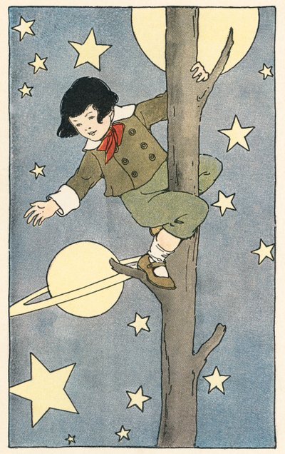 Niño trepando a un árbol entre las estrellas y planetas de Blanche Fisher Wright