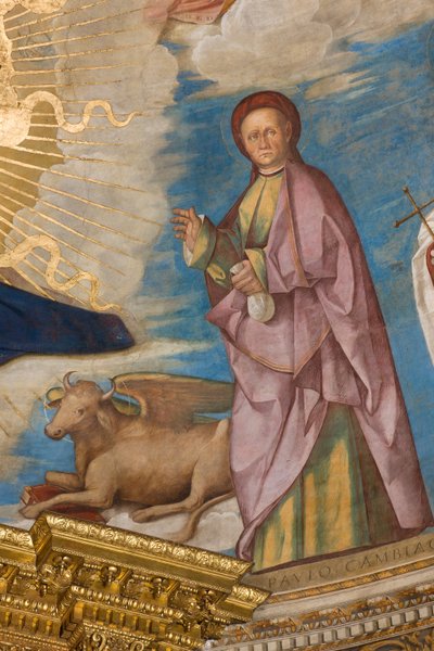 Ábside, Catino Ábside, Pantocrátor entre los Santos Marcellino, Imerio, Omobono, Pedro Exorcista (detalle San Omobono) de Boccaccio Boccaccino