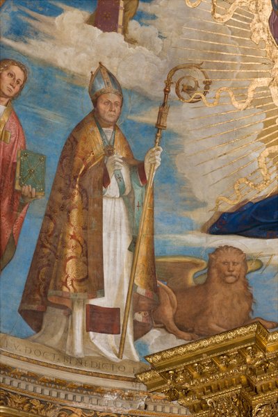 Ábside, Catino Ábside, Pantocrátor entre los Santos Marcellino, Imerio, Omobono, Pedro Exorcista (detalle San Imerio) de Boccaccio Boccaccino