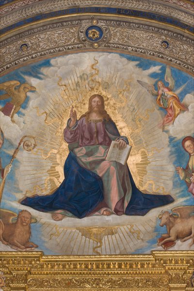 Ábside, Catino Ábside, Pantocrátor entre los Santos Marcellino, Imerio, Omobono, Pedro Exorcista, (detalle) de Boccaccio Boccaccino