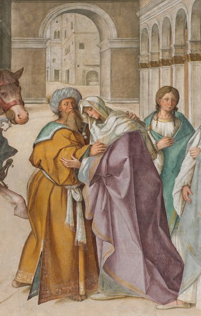 Nave central, primer tramo norte, Encuentro de San Joaquín y Santa Ana en la Porta Aurea (detalle) de Boccaccio Boccaccino
