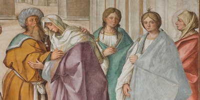 Nave central, Primer tramo norte, Encuentro de San Joaquín y Santa Ana en la Porta Aurea, Boccaccio Boccaccino 1514-15, (detalle) de Boccaccio Boccaccino