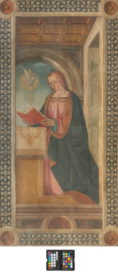 Contrafachada del transepto sur, Boccaccio Boccaccino, Anunciación detalle de Madonna-Principios del siglo XVI, Fresco arrancado de Boccaccio Boccaccino