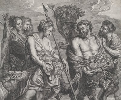 Diana regresando de la caza, acompañada por perros y sus ninfas a la izquierda, dos sátiros, ca. 1640-59 de Boetius Adams Bolswert