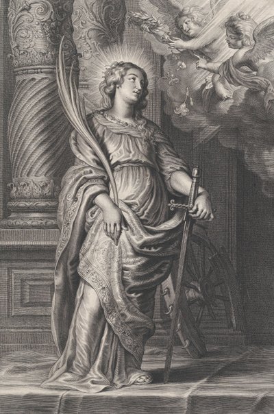 Santa Catalina sosteniendo hojas de palma y una espada, dos putti sobre ella sosteniendo una laure..., ca. 1625-59 de Boetius Adams Bolswert