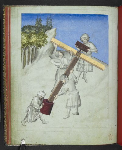Add 24189, f.11v, El ensamblaje de la cruz de Cristo, de cuatro tipos diferentes de madera, representados en diferentes colores, del 