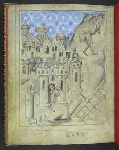 Añadir 24189. f.16v, Sansón cargando las puertas de Gaza, vigilado desde las murallas de la ciudad por soldados armados y, en una ventana, Dalila, del 