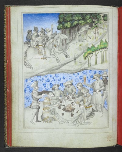Add 24189, f.5v, Recreación en Chipre con, arriba, una cacería de ciervos usando leopardos y, abajo, una fiesta, del 