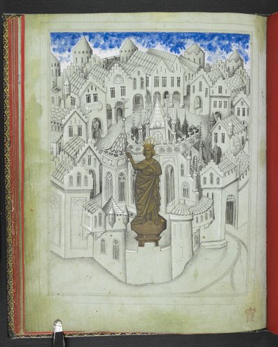 Add 24189, f.9v, La ciudad de Constantinopla, con una gran estatua del emperador Justiniano de pie ante la catedral de Santa Sofía, del 
