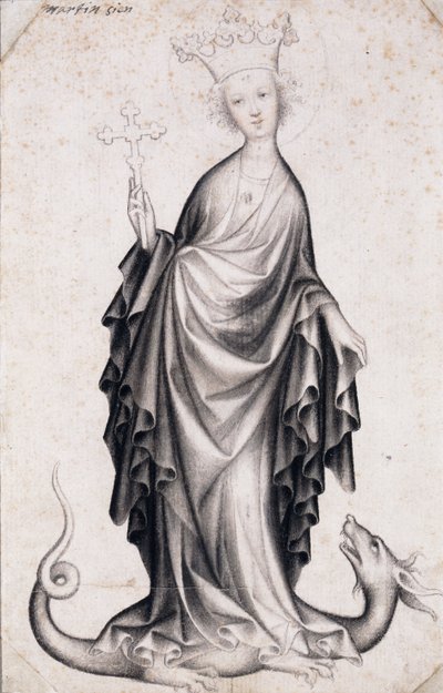 Santa Margarita de Antioquía (fallecida hacia el 305) (Santa Margarita) (sostiene un crucifijo y pisotea un dragón) - Obra de un maestro bohemio (activo 1410-1420), lápiz y pincel sobre papel (21,4x14 cm), hacia 1410 - Szepmuveszeti Muzeum, Budapest (Hungr de Bohemian School