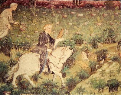El Mes de Septiembre, (detalle) de un jinete con un halcón, c.1400 de Bohemian School