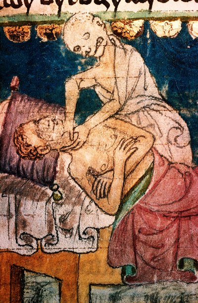 a mort etranglant un pestifere - Death Strangling a Victim of the Plague - Miniature extraite du codex Stini, Boheme de Bohemian School