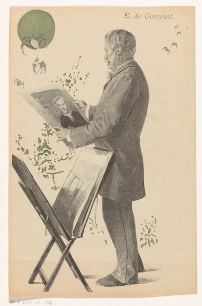Edmond de Goncourt mira un grabado, a su lado un soporte de grabado
E. de Goncourt (título en el objeto) de Boileau