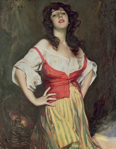 Muchacha con cesta, c.1910 (óleo sobre lienzo) de Boleslaw Szankowski