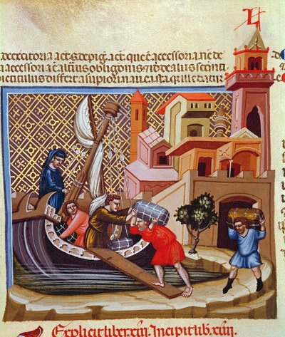 Carga de mercancías en un barco, del manuscrito "Justiniano Institutiones Feodorum et Alia", c.1300 (vitela) de Bolognese School