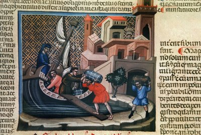 Cargando mercancías en un barco, del manuscrito "Justiniano Institutiones Feodorum et Alia", c.1300 de Bolognese School