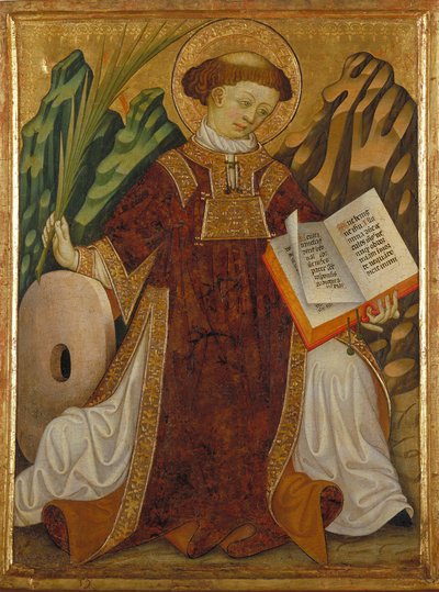 San Vicente de Zaragoza (siglo IV) (en traje de diácono leyendo la Biblia y sosteniendo la palma de los mártires, cerca de la piedra de molino de su suplicio) - Pintura de Bonanat Zaortiga (activo en el siglo XV), temple sobre madera (80,2x61,5 cm), hacia  de Bonanat Zaortiga