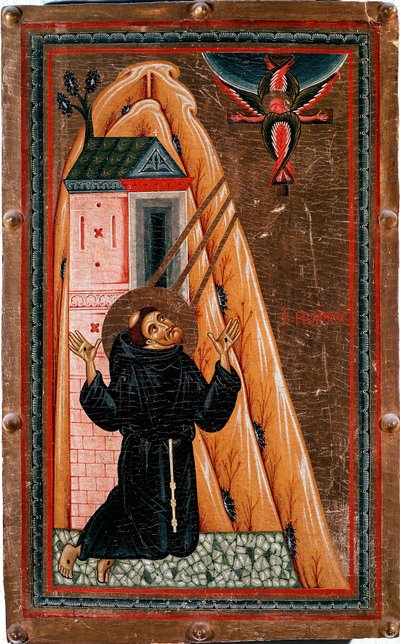 Vida de San Francisco de Asís “San Francisco recibiendo estigmas” Jesús Cristo crucificado aparece ante él como un serafín. Pintura sobre madera de Bonaventura Berlinghieri (activo alrededor de 1228-1274), Dim. 80x51 cm Galería de los Uffizi, Florencia de Bonaventura Berlinghieri